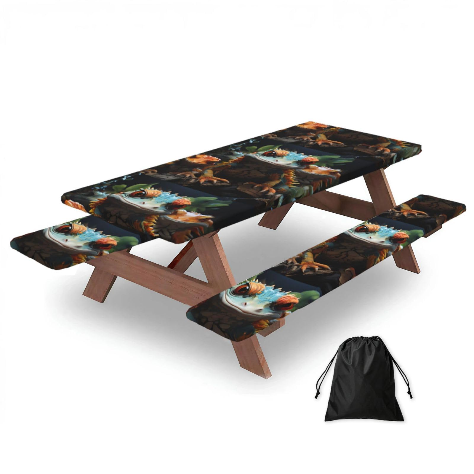 Hhbiuuo Black 72In Camping Table Cover & Bench Covers 3-Pack Set, Colorful Lizards Print Tablecloths, For Rectangle Tables Picnic