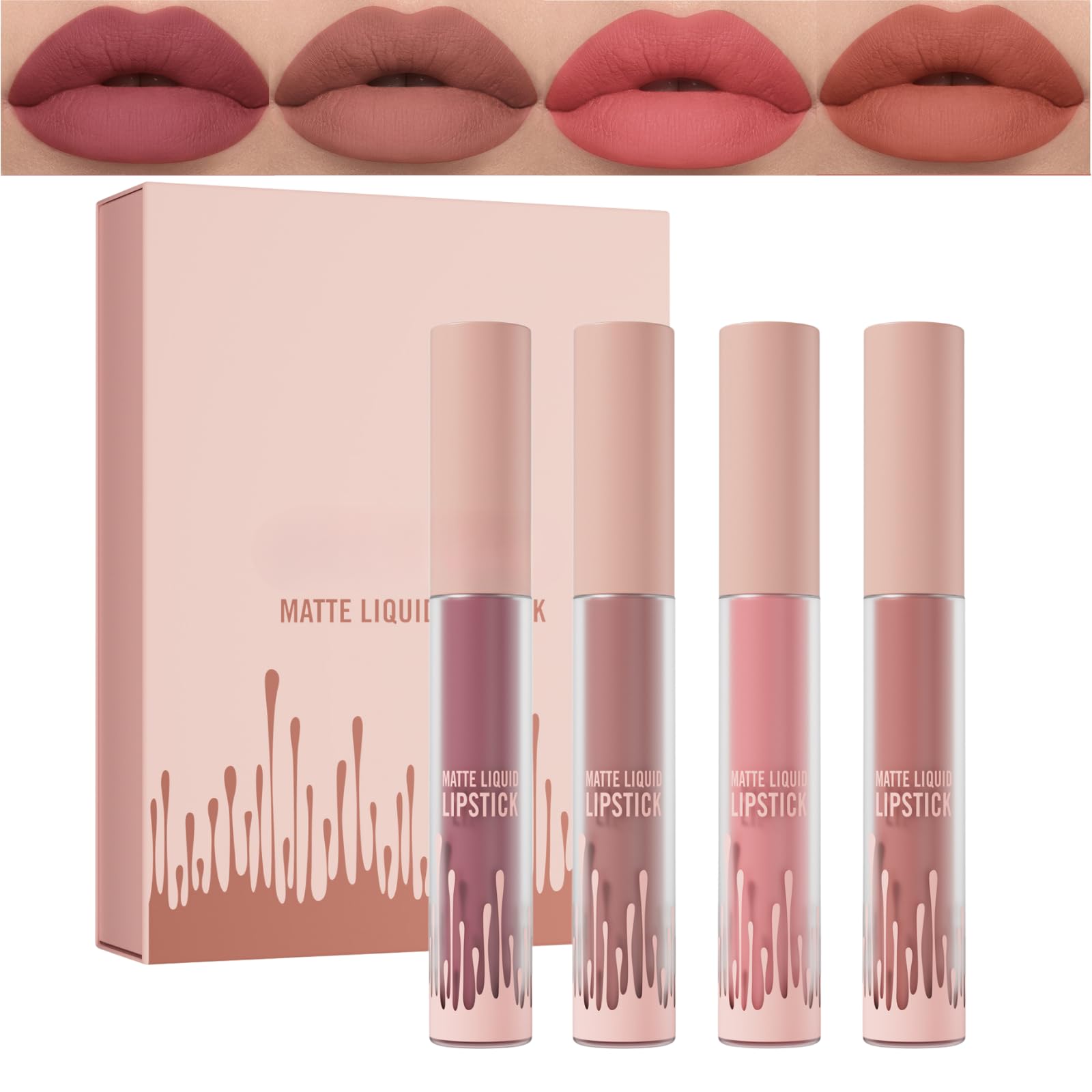 SHEBEEDO4 Colors Matte Liquid Lipstick Set - Non-Stick Cup, Long Lasting, Natural Look, Stay On 24 Hours - Nude Lip Kit for Women Gift Sets