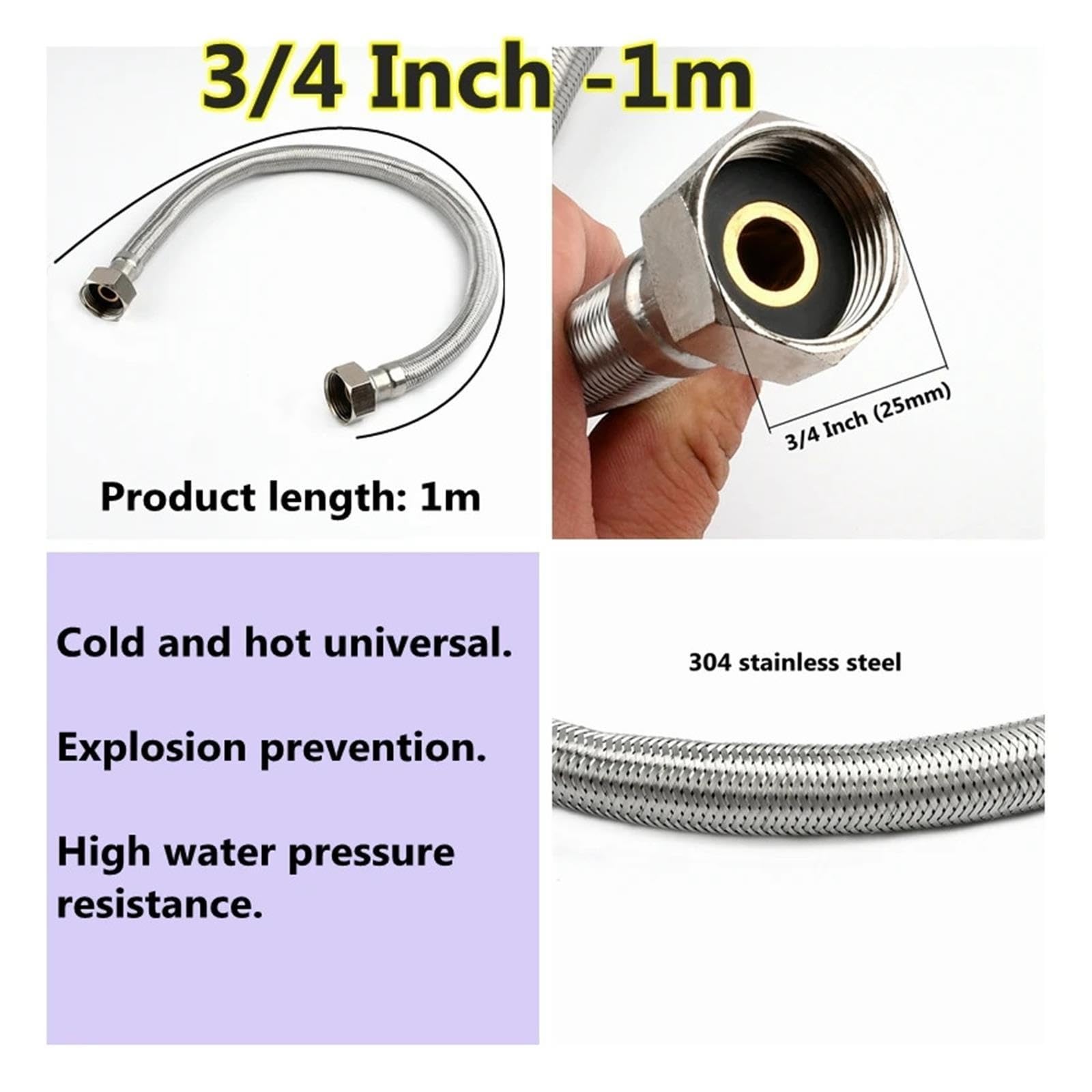 1/2" 3/4" Tuyau tressé inox 304 eau chaude/froide WC