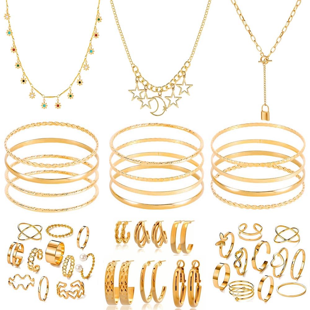 43 PCS Gold Plated Jewelry Sets with Costume 3 PCS Multi Layer Chain Necklace, 12 PCS Bracelet, 6 Pair Hoop Earrings, 22 PCS Knuckle Rings for Women