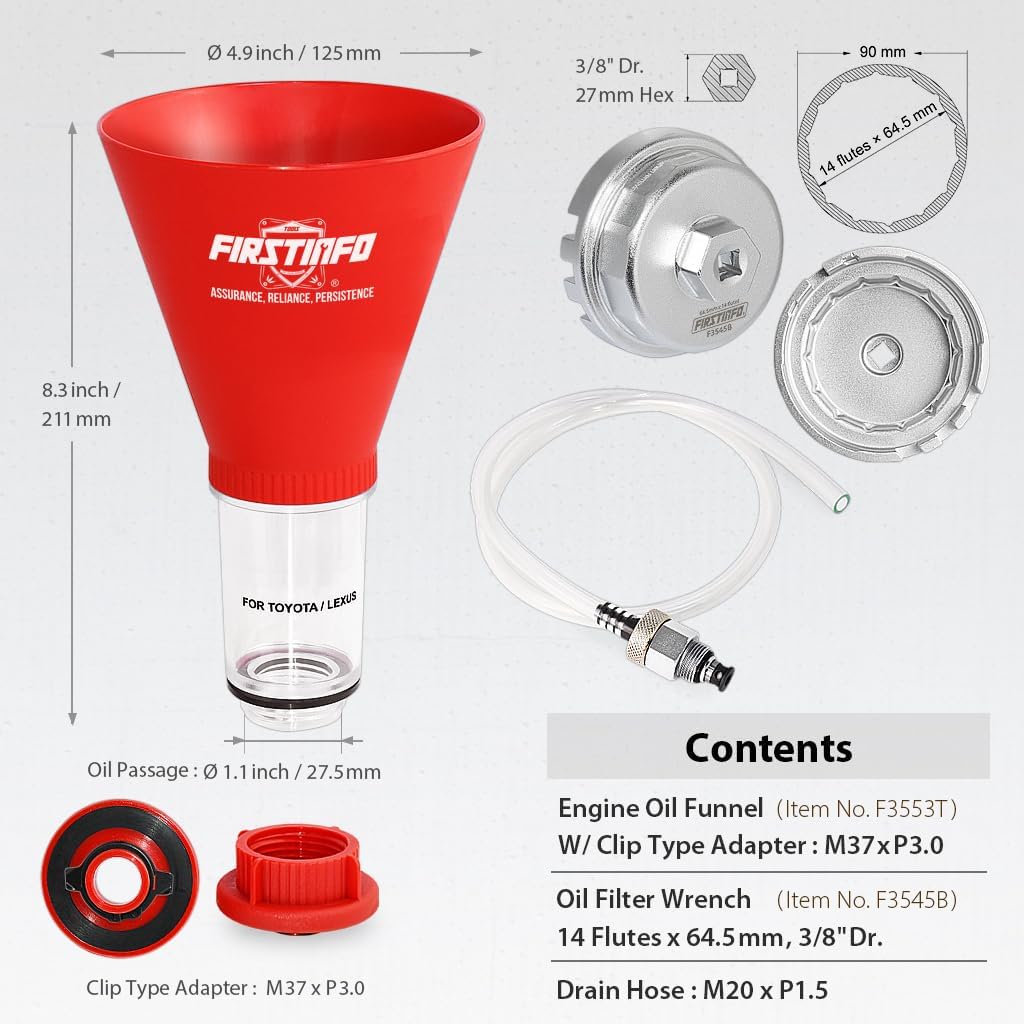FIRSTINFO 64.5mm Oil Filter Wrench, Engine Oil Funnel, Oil Drain Hose