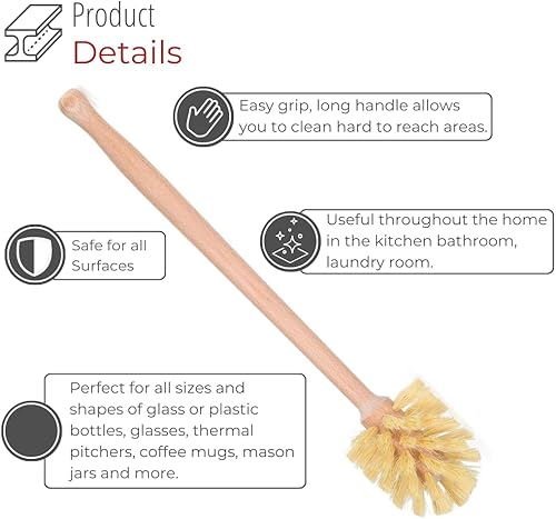 Miniatura 3 de Cepillo para botellas con mango de madera extra largo y cerdas fuertes, limpia y frota frascos, vasos y platos de boca ancha de difícil acceso