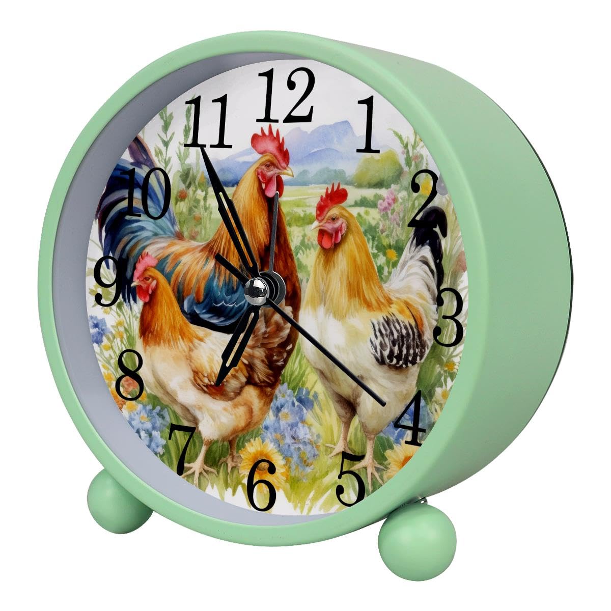 Reloj despertador de metal redondo con diseño de gallo floral y luz nocturna