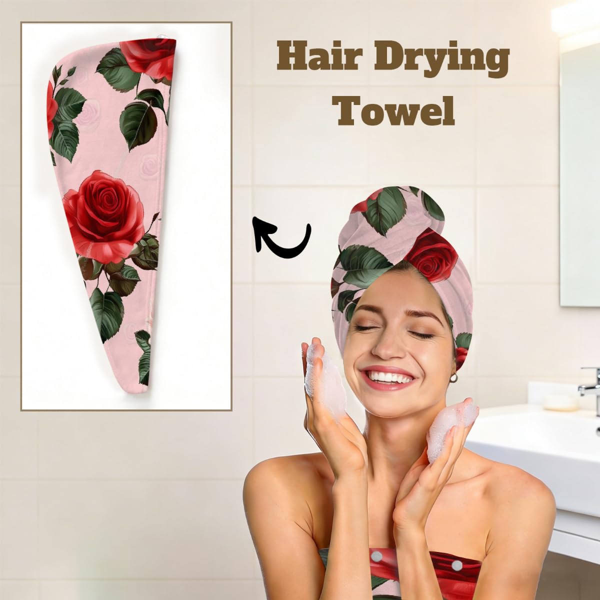 Lot de 2 serviettes de douche en microfibre pour femme avec serviette à cheveux, rose rouge, robe avec bonnet de séchage des cheveux pour plage, piscine, spa