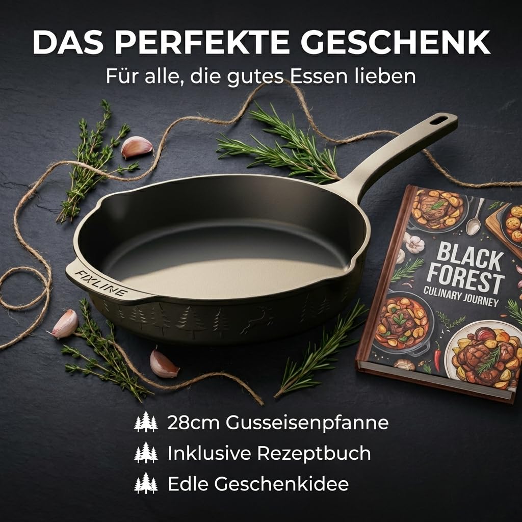 FIXLINE® Gusseisenpfanne in BLACK FOREST Edition 28cm - ORIGINAL - Induktion - Alle Herdarten inkl. Induktion - Emailliert - Kein Einbrennen nötig - Inklusive Rezeptbuch - Perfekte Geschenkidee