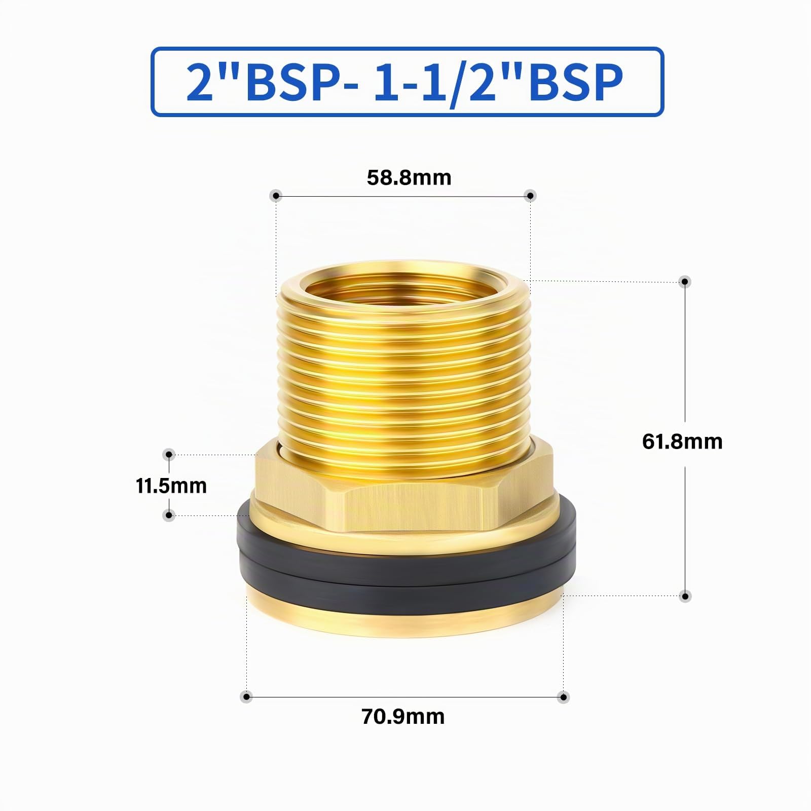 1 Pezzi connettori per Serbatoi d'Acqua in Ottone, Raccordo Maschio 2" BSP-Raccordo Femmina 1-1/2" BSP con 2 Anelli in Gomma per cisterne, acquari, vasche