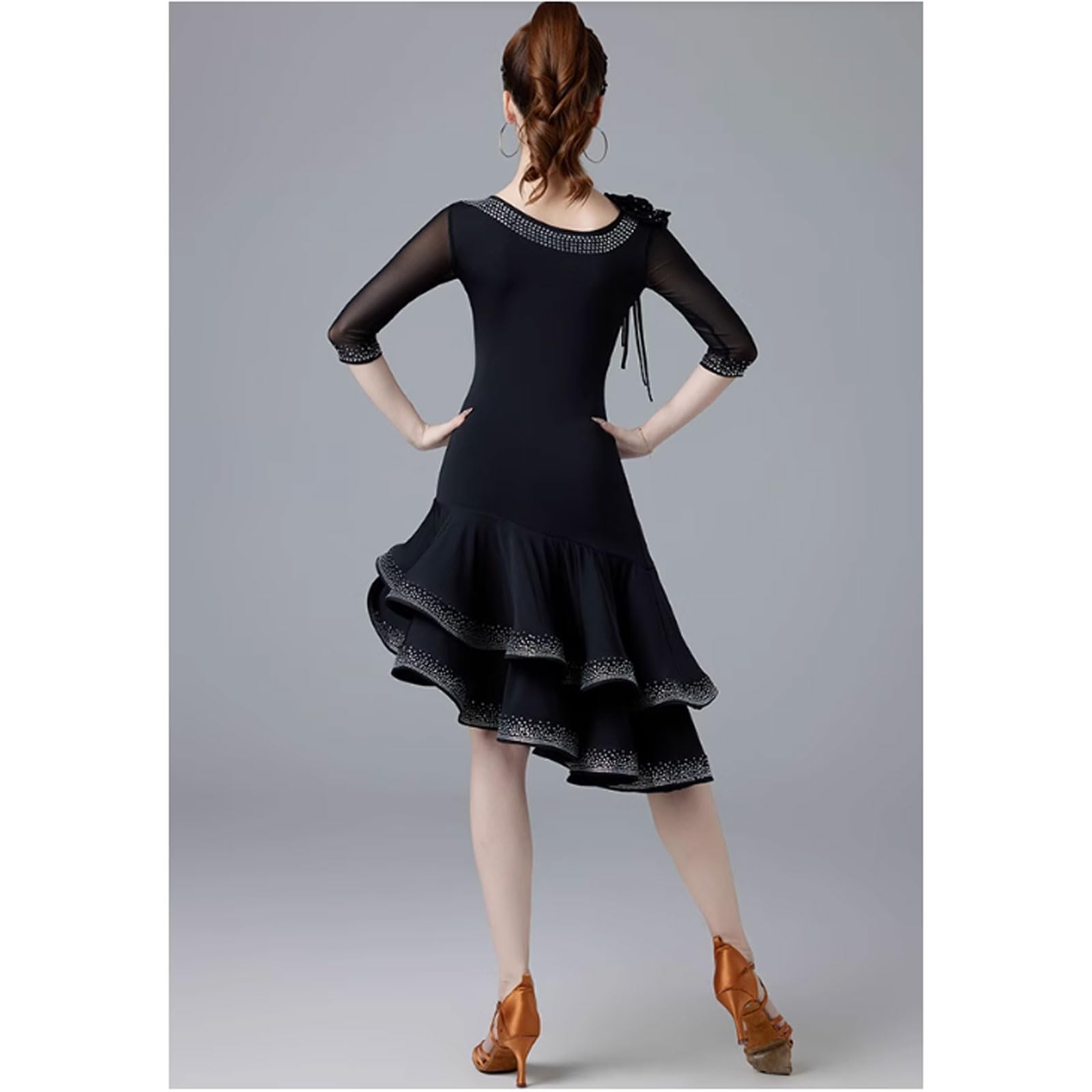 Black,L,FZHQNZJF Sukienka do Tańca Latynoskiego dla Kobiet Sala Balowa Strój do Tańca Cha Cha Tango na Zawody Strój do Tańca Samba Rumba Błyszcząca Spódnica do ćwiczeń Salsa Dziewczyna