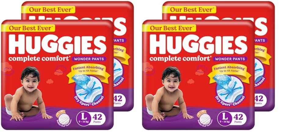 Image of Huggies Complete Comfort Wonder Pants | Pant Style Baby Diapers L Size, 84 Count | India's Fastest Absorbing Diaper, Patented Dry Xpert Channel, Ideal for 9 to 14 Kgs (Pack of 2)