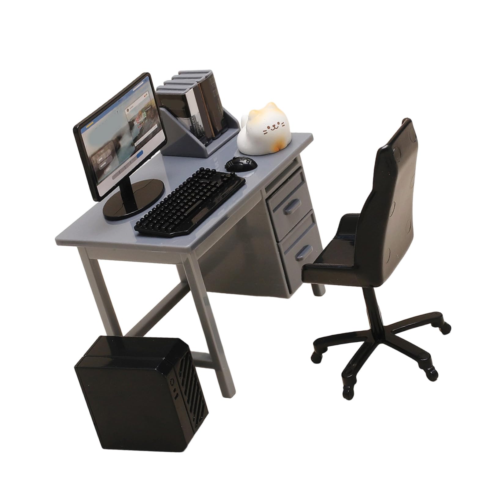 EXQIOUR 1/12 Miniature Computer Desk and Chair Set With Monitor Keyboard Mouse And Bookshelf For Doll House Work Scene Display