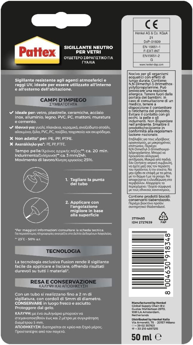 Pattex Sigillante Silicone Neutro Per Vetri E Specchi - Trasparente, Tubo Da 50 Ml, Per Incollaggi E Sigillature - Foto 4