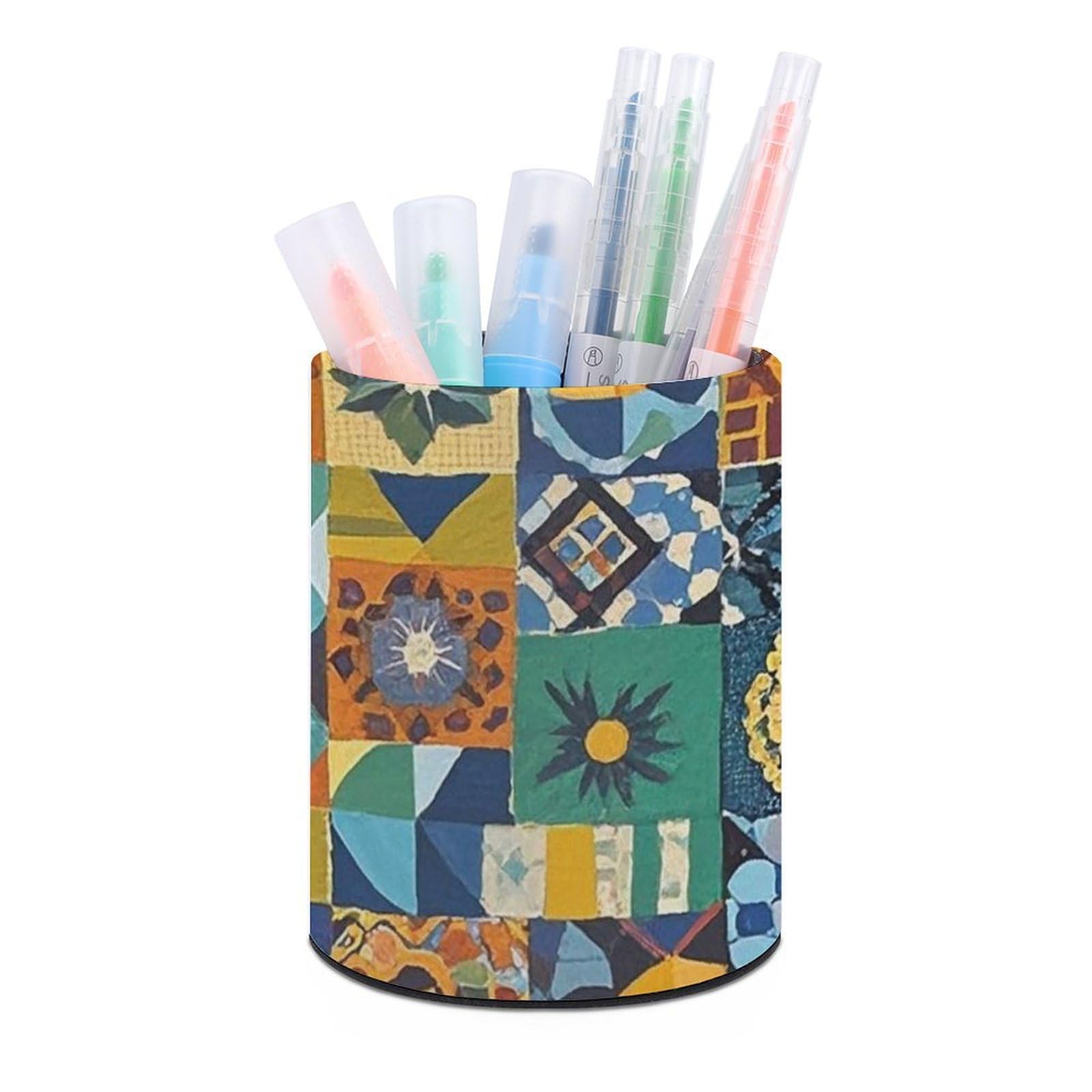 FekiLoot PU Leather Round Pen Holder African Style Patchwork Pencil Holder Desk Organizer Pen Organizer Pen Cup Pencil Cup Caddy Desktop Stationery Organizers for Office Home Supplies