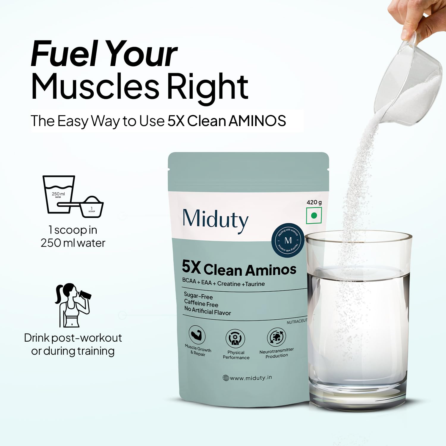 Miduty 5X Clean Aminos Powder - 5g Creatine + BCAA & EAA Blend - Electrolytes, Taurine & L-Glutamine - Natural Mango Flavor - Workout Recovery, Muscle Support - 420g - Image 5 thumbnail