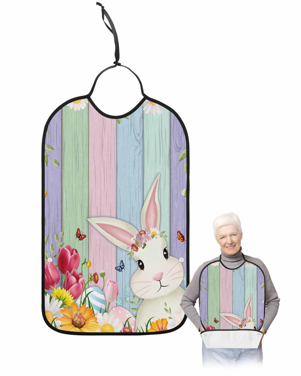 LEOKOTI Spring Floral Bunny Easter Adult Bibs for Eating, Waterproof Bibs with Food Catcher & Adjustable Snap Closure, Colorful Botanical Eggs Retro Washable Clothing Protectors Adult Bibs for Elderly