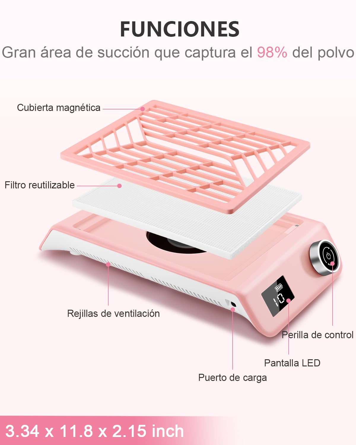 Aspiradora de Uñas Recargable, Aspirador para Uñas Profesional sin Cable, con Filtro Reutilizable y Cepillo, Colector de Polvo de Uñas, Extractor de Polvo para Uñas, Máquina de Succión con Ventilador