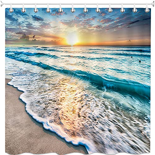Icteisom Beach Shower Curtain, Tropical Ocean Shower Curtains With Hooks Set, Nature Sunset Seaside Scene Waterproof Fabric Bathroom Curtains, 72 X 72 Inches #TOP3