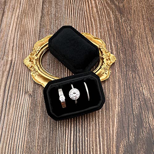 Beatilog Octagonal Rectangle Velvet Ring Box 3 Slots - Premium Handmade Wedding Three Rings Bearer Holder Vintage Orthogon Jewelry Storage For Ceremony Proposal Engagement (Black) #TOP1