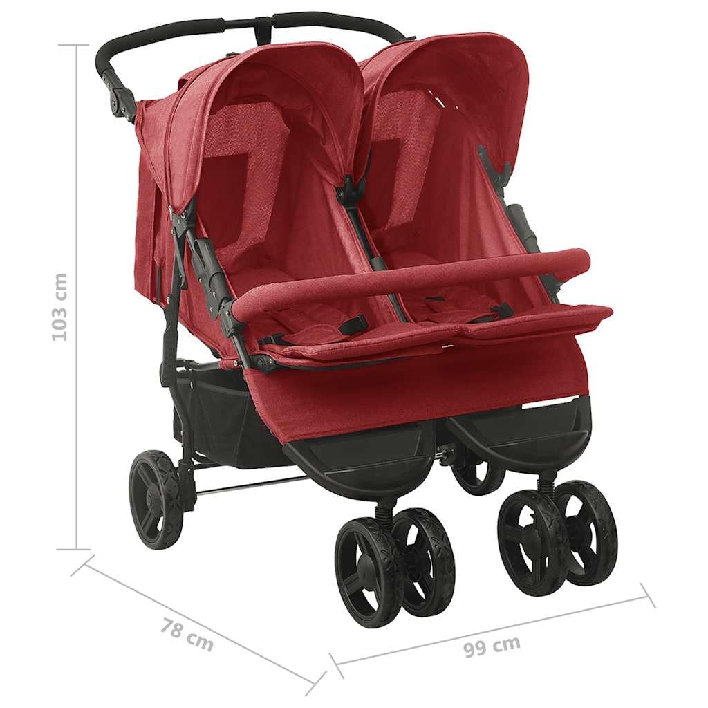 vidaXL Poussette Double Pliable Bébé Enfants Voyage Extérieur Acier Rouge