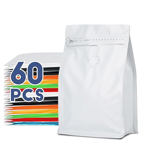 Coffee Bags with Valve(60pcs,8 oz,1/2 lb) Vented Coffee Beans Packaging Bags High Barrier Aluminumed Foil Flat Bottom Heat Sealed Side Zipper Resealable Storage Bag for Home or Business（White）