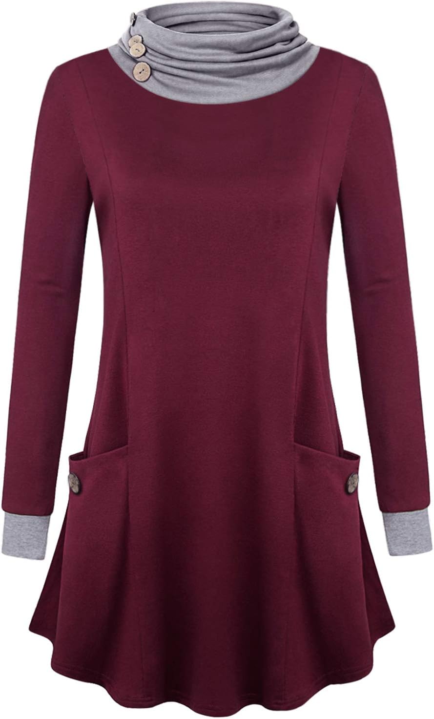 BAIKEA Women's Button Cowl Neck Color Block Casual Sweatshirts with Pockets