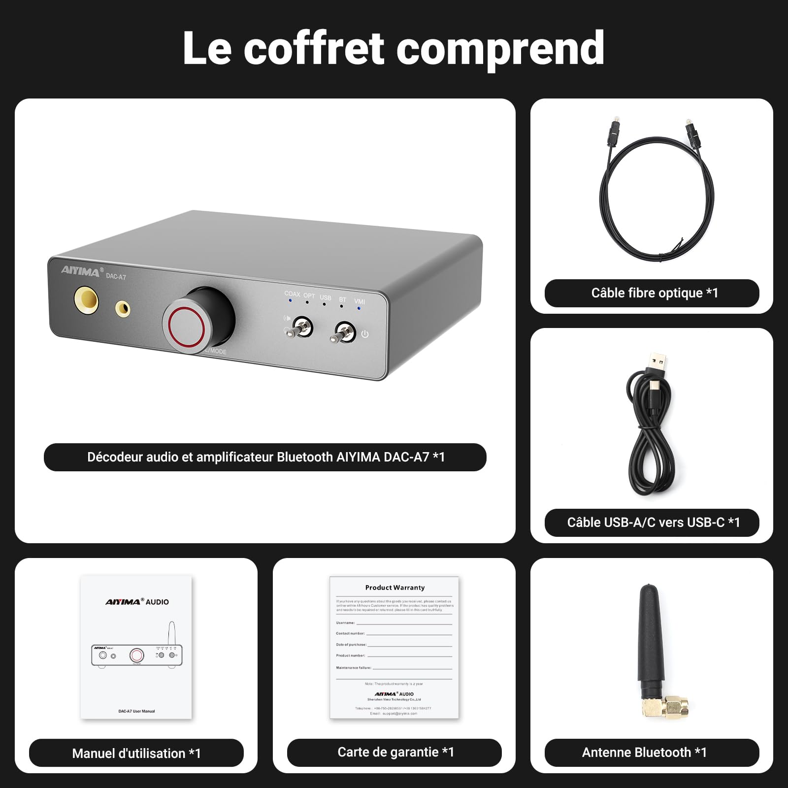 AIYIMA DACA7 ES9038Q2M Mini Amplificateur DAC et casque de bureau Bluetooth