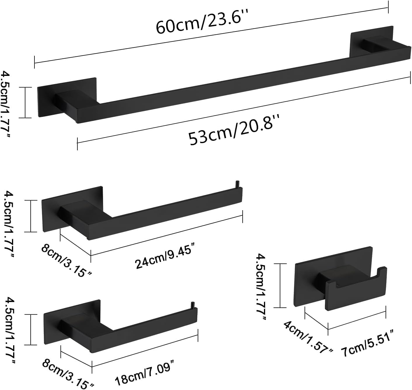 4-Pieces Bathroom Hardware Accessories Set, Towel Rack Towel Bar Toilet Paper Holder Towel Hook Self Adhesive Stainless Steel Towel Rack Set for Bathroom Wall Mounted, Matte Black 23 Inch