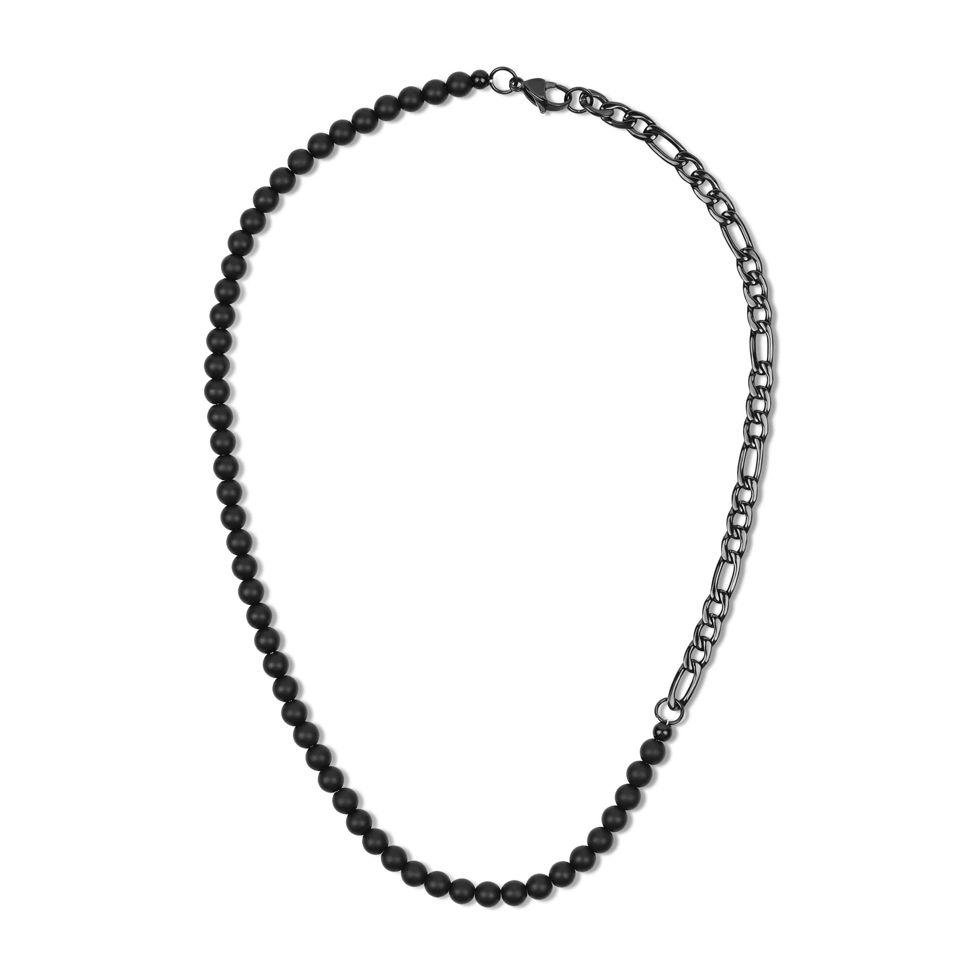 GAVUCollar de Hombre con Cuentas de Piedras Naturales y Cristales y Cadena Figaro en Acero Inoxidable Negro