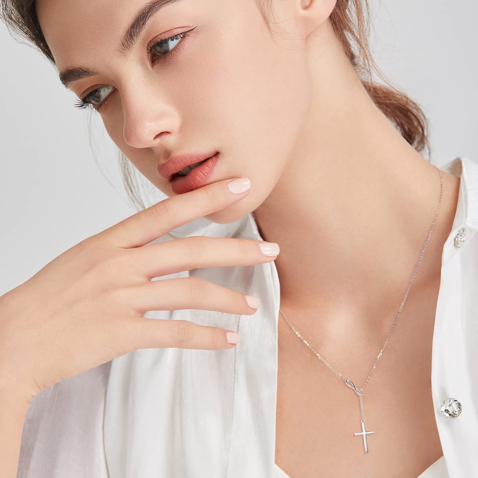 FANCIME - Collar con colgante en forma de cruz de infinito chapado en oro de plata de ley 925 altamente pulida para mujeres y niñas, 45,7 cm