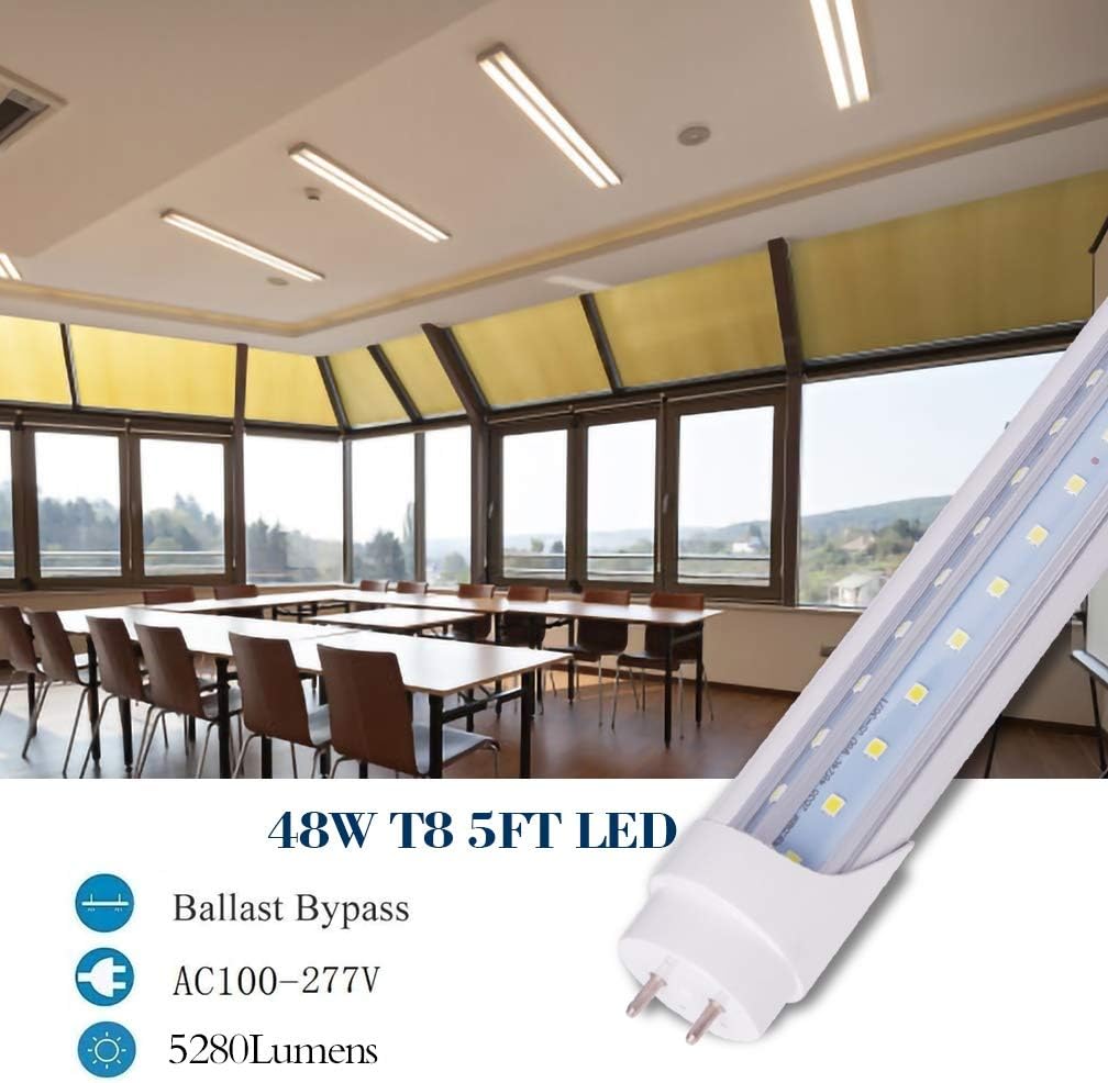 15-Pack T8 5FT 48W LED Tube Light Bulb G13 Bi Pin Base 6000K Cool White 5 Foot Garage Warehouse Shop Lights Replacement for T10 T12 Flourescent, Dual-end Power