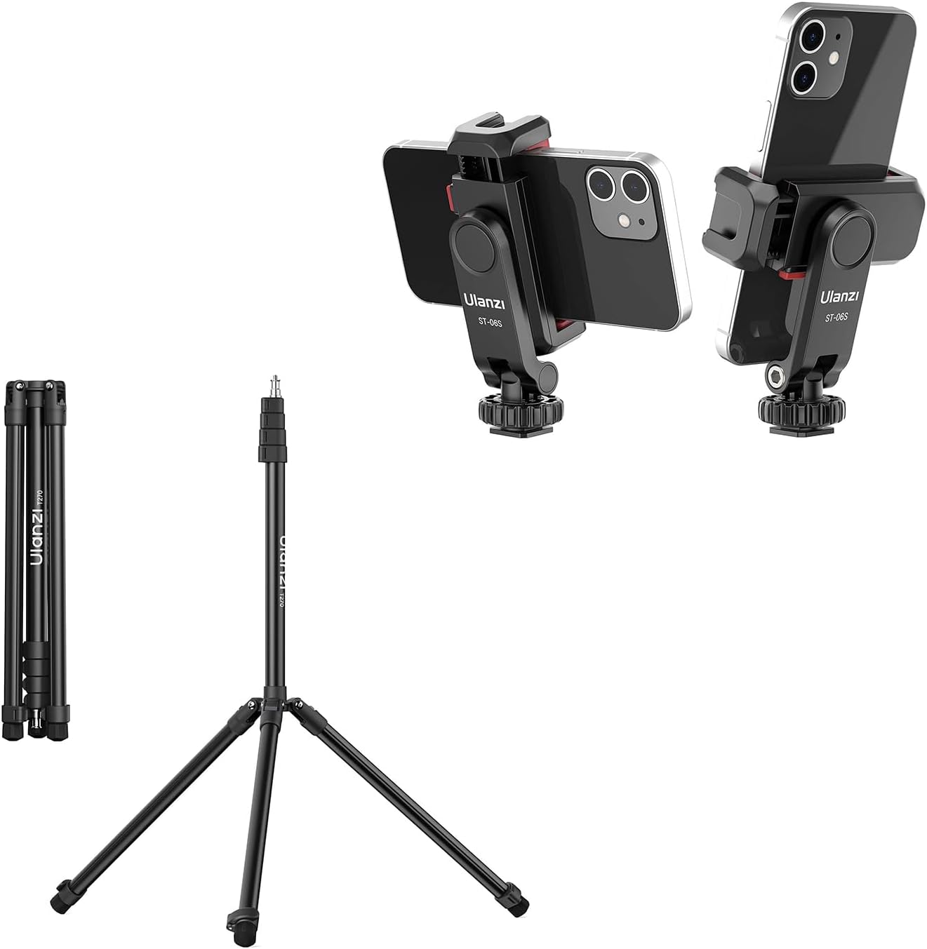 ULANZI Phone Tripod Mount ST-06S, New Universal Smartphone Mount Adapter with 2 Cold Shoe, T270 Light Stand 8.8ft/270cm Adjustable Photography Light Tripod Stand for Photo Video Shooting