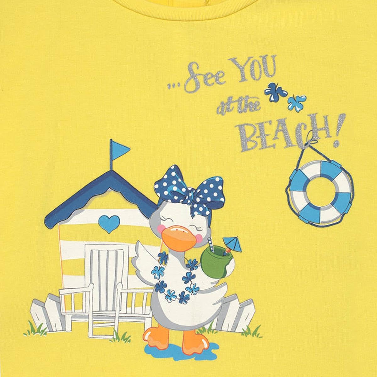 Sommer-Set für Mädchen, 2-teilig, gelbes T-Shirt mit Druck, Shorts mit weißen und gelben Streifen, Freizeitanzug, bequemes und buntes Outfit für den Sommer 1229