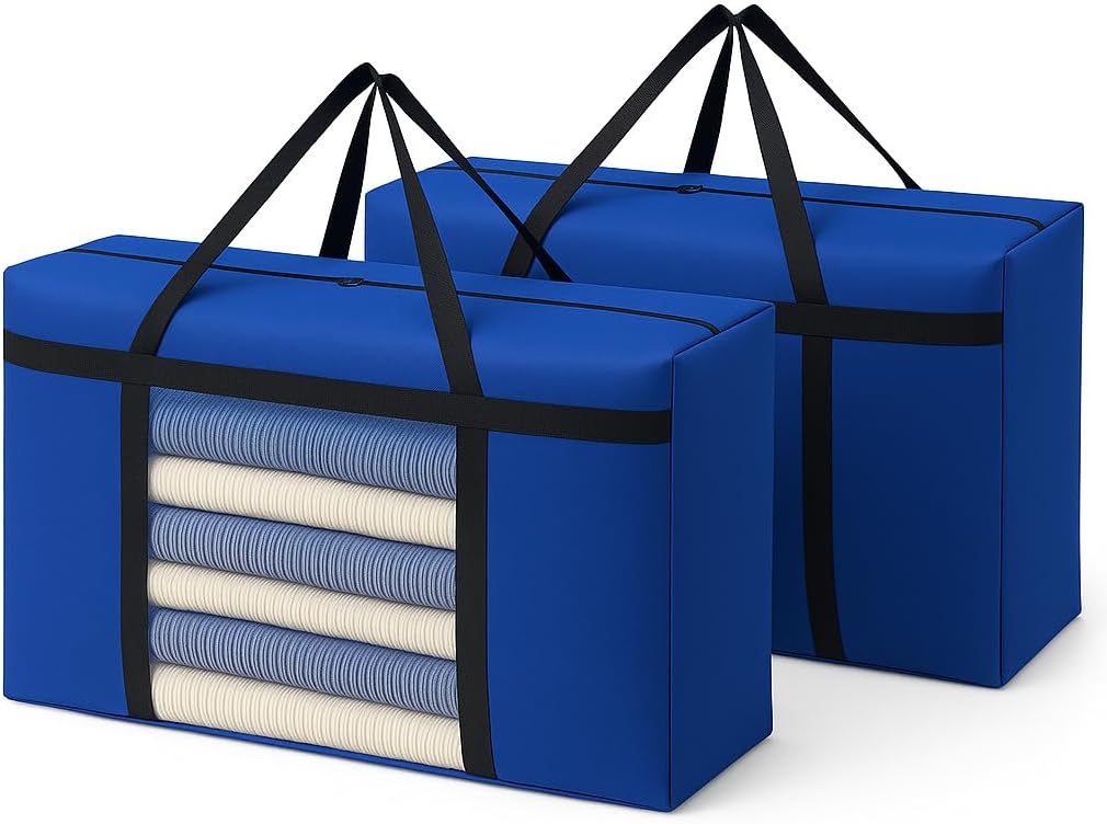 2 Pack Extra Large Moving Bags 90L with Clear Window, Heavy Duty Storage Totes with Zippers & Handles, College Packing Bags for Clothes, Boxes, Camping & Moving Supplies, Blue Bag with Window Blue 2