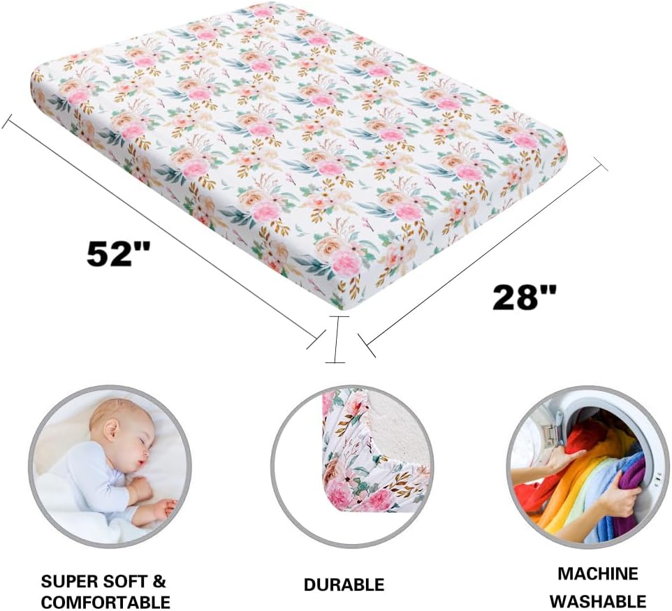 4 Pack Baby Girl Crib Sheets Fitted Pink Crib Sheet Portable Mattress Cover or Toddler Bed Sheets for Girls (Bow)