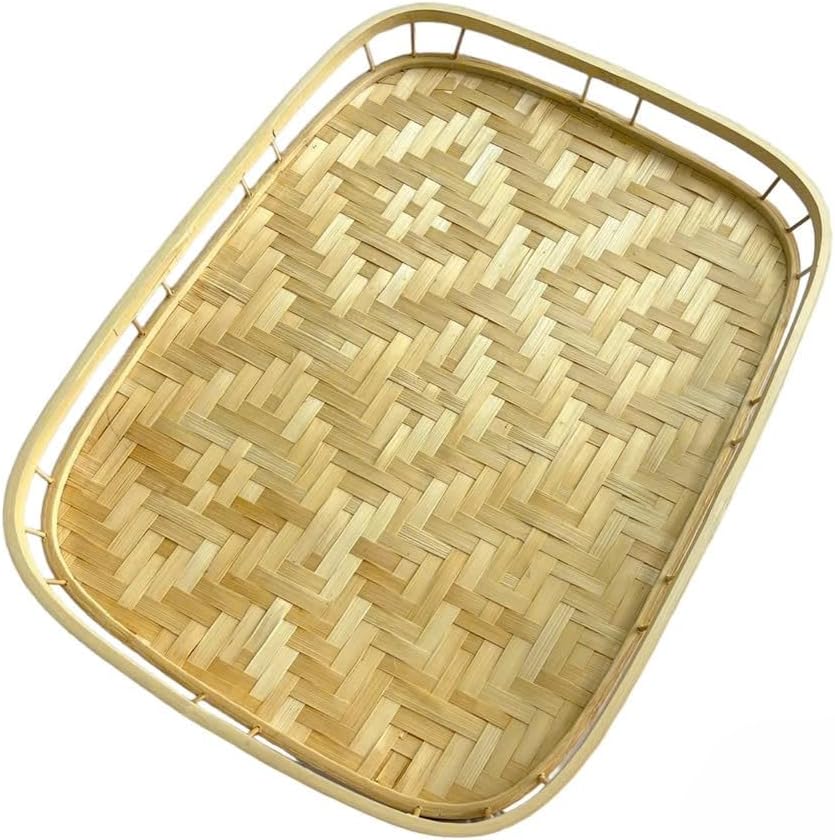 Rectangular Bamboo Wicker Serving Trays with Handles, Handwoven Coffee Trays for Coffee, Breakfast, Bread, Food, Dish and Decorative Tray for Dining Table (1)
