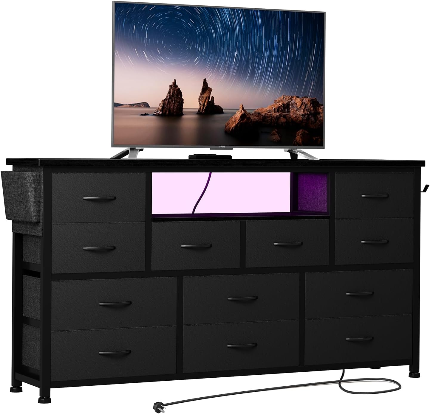 Dresser TV Stand with Power Outlet & LED for 45'' TV, Long Dresser for Bedroom with 12 Drawers, Wide Console Table for Storage in Closet, Living Room, Entryway, Wood Top