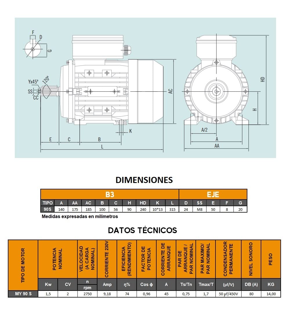 MOTOR ELECTRICO CEMER MONOFASICO 3000 RPM 230V 1,5KW / 2CV B3 PATAS TAMAÑO 90S Ø DEL EJE 24mm ARRANQUE MEDIO