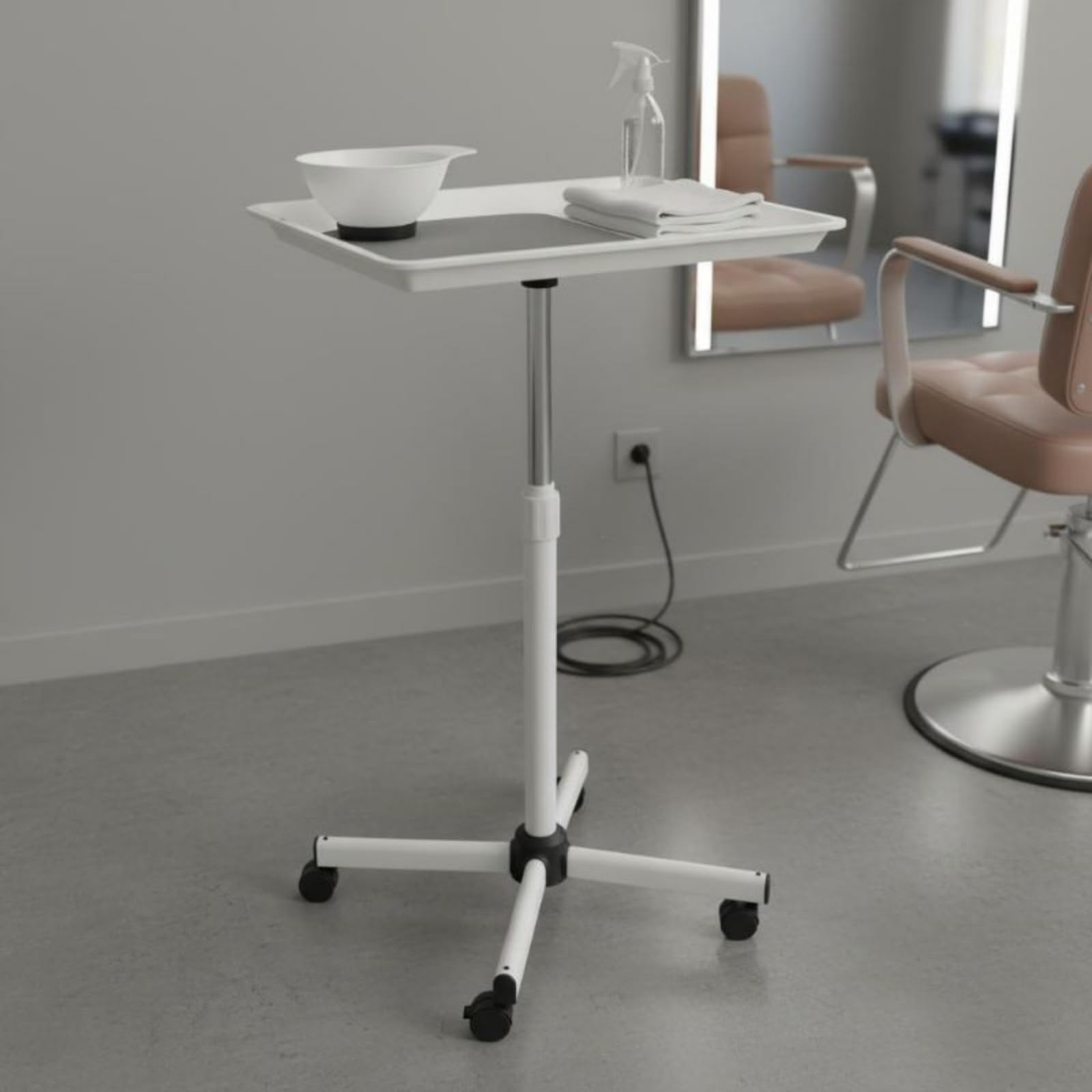Chariot Plateau de Salon Réglable Support Matériel Coiffure Plateau Mobile Dessert Roulant Table à roulettes Poteau Ajustable pour Coiffeurs Barbiers, Blanc, Support Simple Couche