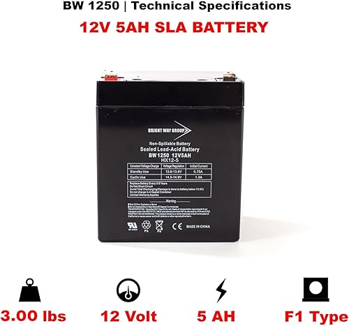 Miniatura 4 de Bright Way Group BW1250 12V 5AH Sealed Rechargeable SLA Battery F1 Terminal  Puerta de garaje, sistema de alarma y seguridad