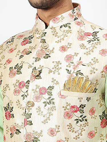 Image of Uri and MacKenzie Men's Silk Blend Regular Kurta Churidar Pyjama with Bundi Nehru Jacket /Waistcoat