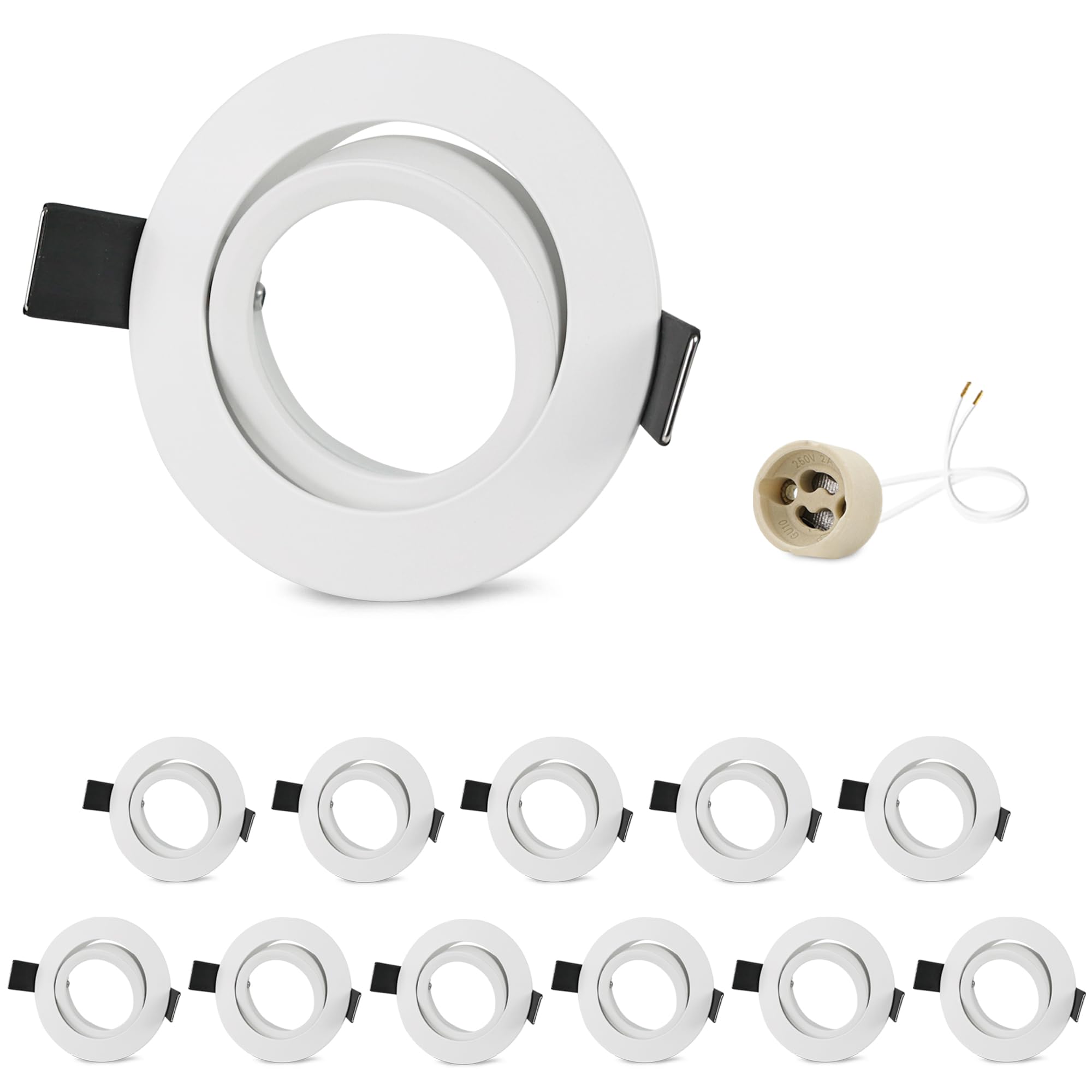 GeyouLux 12x Faretto Incasso Cartongesso GU10 Orientabili Alluminio Bianco, Cornice Faretti led da incasso per cartongesso Rotondo Portafaretto incl. Portalampada GU10 per LED e Alogeno, Foro ø75mm