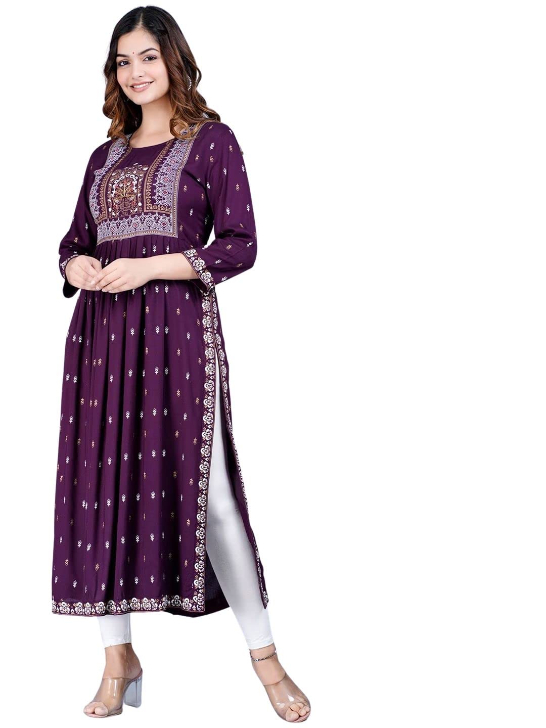rytras Women's Rayon Printed Purple Nayra Cut Flared Kurta 1