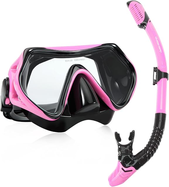 Queshark Premium Snorkel Set, Adult Snorkeling Diving Mask Tempered Glass Silicone Swimming Goggles Mask Dry Snorkel Combo Diving Set