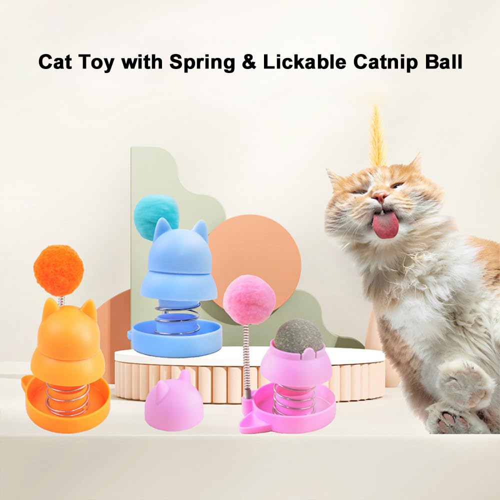 Tyasoleil Cat Toy with Spring, Lickable Catnip Ball - Self-Play Boredom Relief Interactive Pet Toy for Cats (Pink)