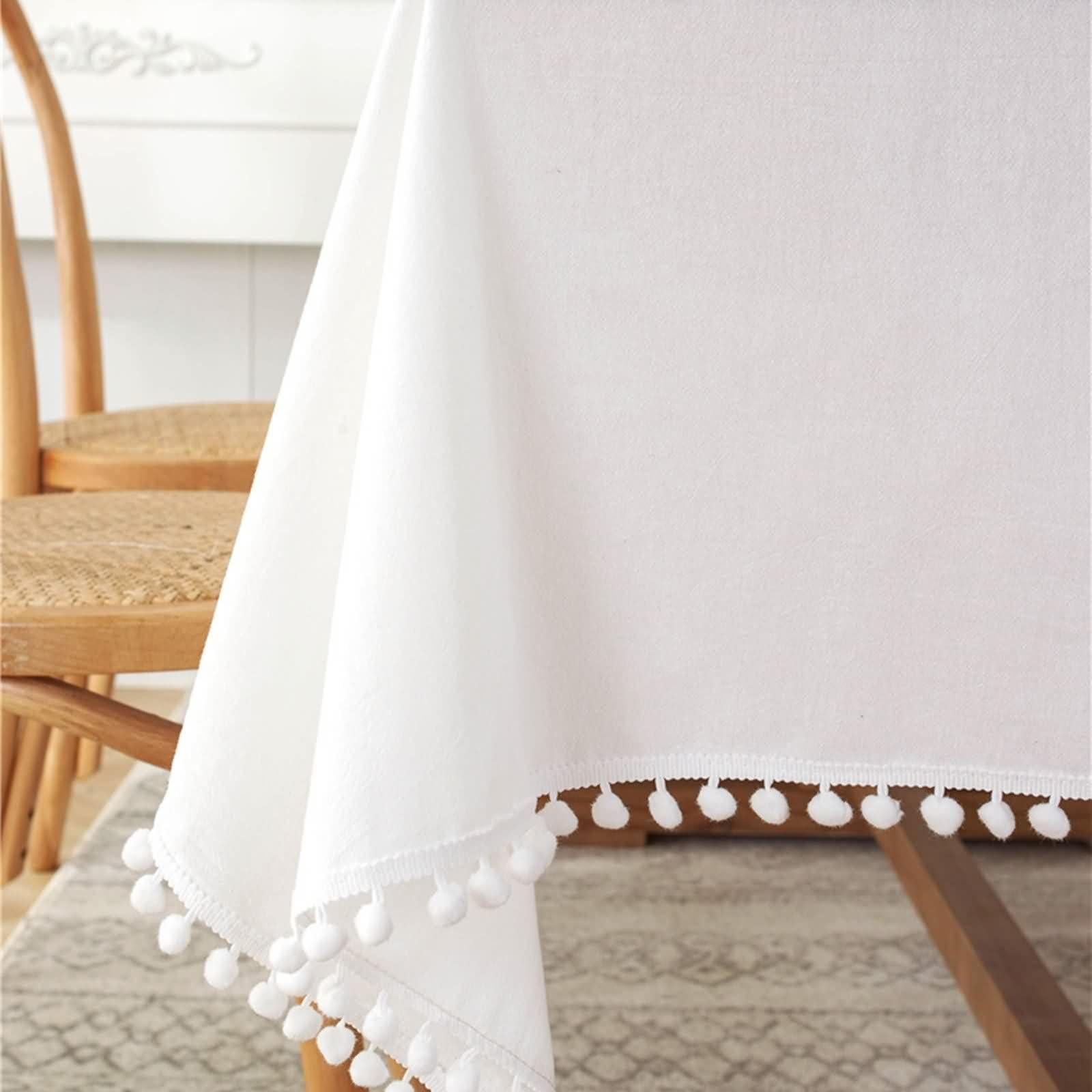 Mantel Terraza Exterior Rectangulares Color Sólido con Pompones Mantel Antimanchas Algodón Blanco,140x200CM