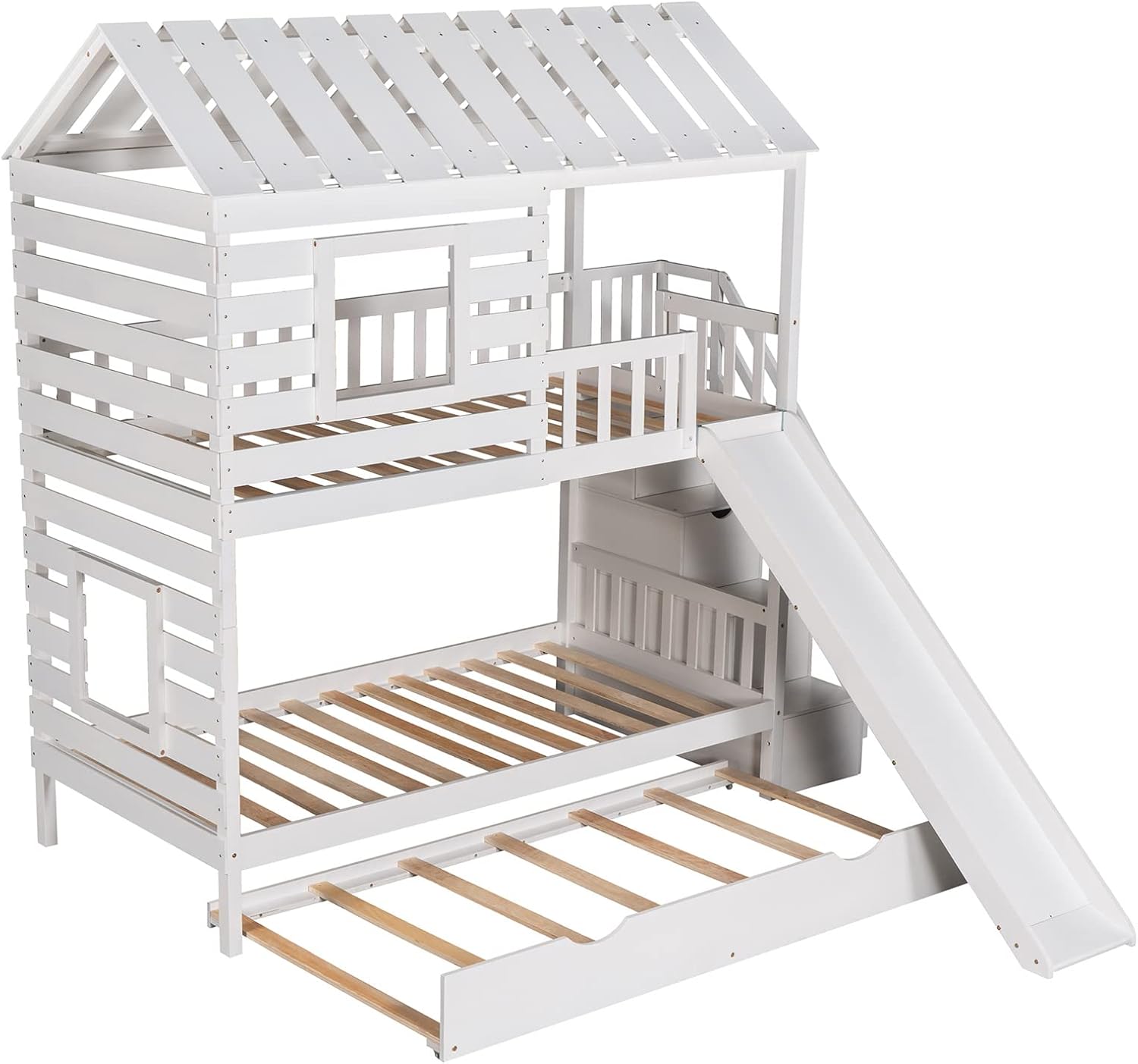 House Bunk Beds with Stairs/Slide/Trundle Twin Over Twin Bunk Bed Playhouse Bunked Frame for Kids Girls Boys Teens, White