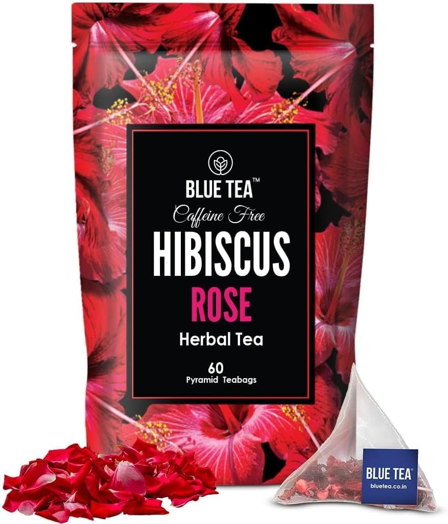 BLUE TEA - Hibiscus Tea - 60 Count - Rose - Pyramid Plant Based Tea Bag | HERBAL TEA | Skin Glow Enhancing Tea | Caffeine Free - Flower Based - Tangy Flavor - Vegan - Gluten Free - Non-GMO | Zipper Pack