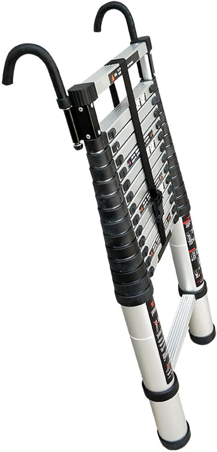 Telescoping Ladder, Aluminum Telescopic Ladder with 2 Detachable Hooks Multi-Purpose 2-in-1 Extension Ladder Anti-Slip Feet for Home Outdoors