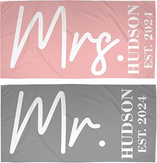 Personalized Mr. and Mrs. Beach Towel Set - His and Hers Towel - Wedding, Honeymoon, Bachelorette Gifts - 30" x 60" Plush Polyester Top/ 100 % Cotton Loop Bottom Heavyweight Beach Towels for Couple