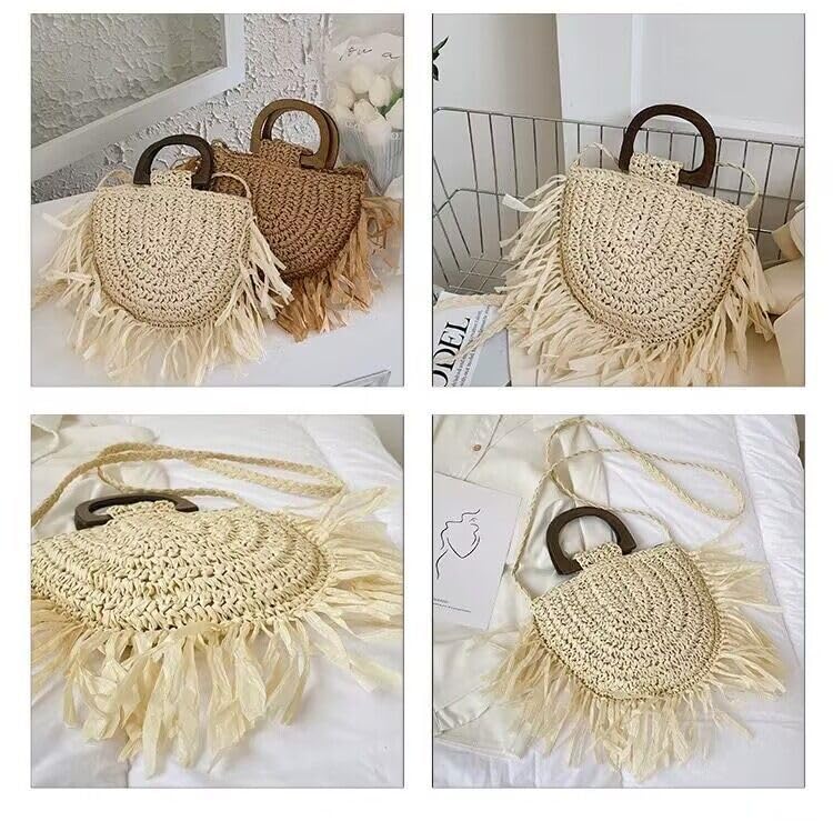 Straw Woven Tassel Handbag Crossbody Bag Wooden Top Handle Beach Vacation Versatile Chic Bohemian Summer Clutch Hobo Totes3