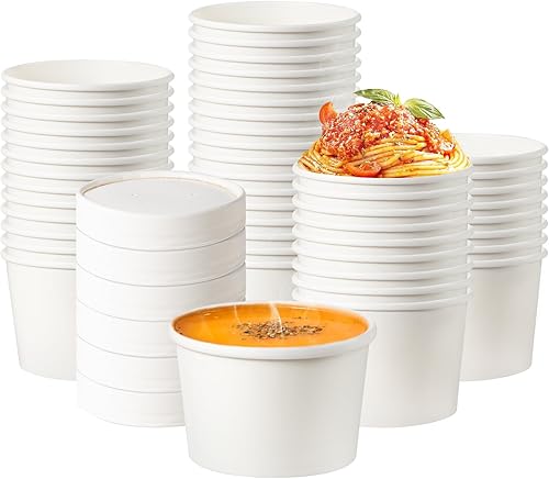 Fit Meal Prep Paquete de 50 recipientes de sopa de papel blanco de 8 onzas con tapas, recipientes de alimentos desechables calientes o fríos para