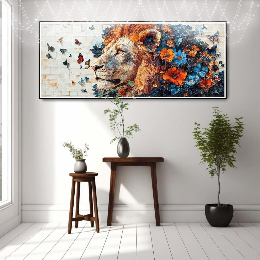 Lew, Piwonia DIY Zestaw do malowania diamentami, 5D Malarstwo diamentowe dla dorosłych dużych 70 x 180 cm, haft krzyżykowy ze strasem, malowanie diamentami dla dziewczynki do dekoracji domu 58Y-13226